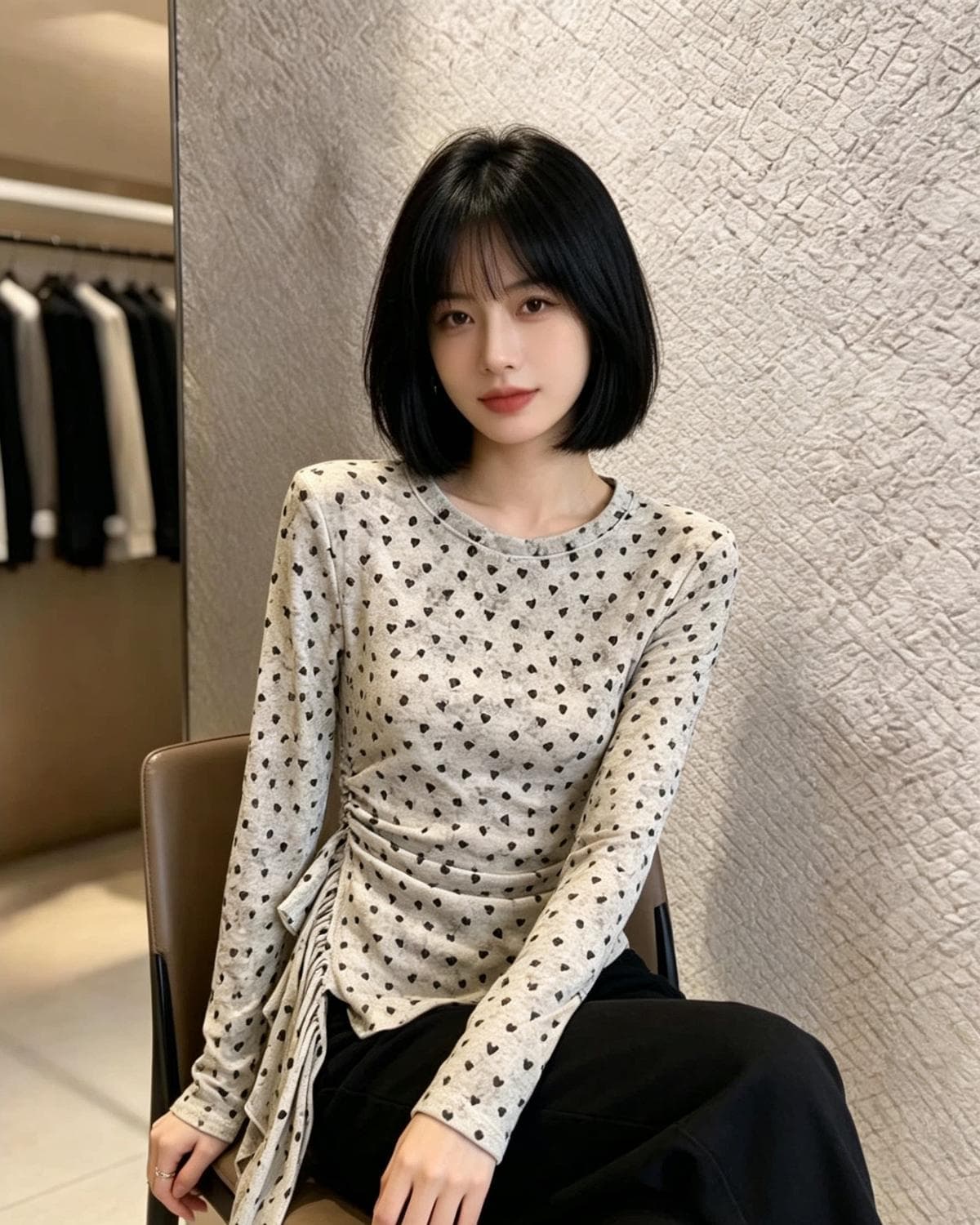 부드러운 바람 레트로 디자인 센스 작은 대중 도트 무늬 긴팔 티셔츠 여성 헤일로 염색 Chic 기본 셔츠 상세 이미지 2