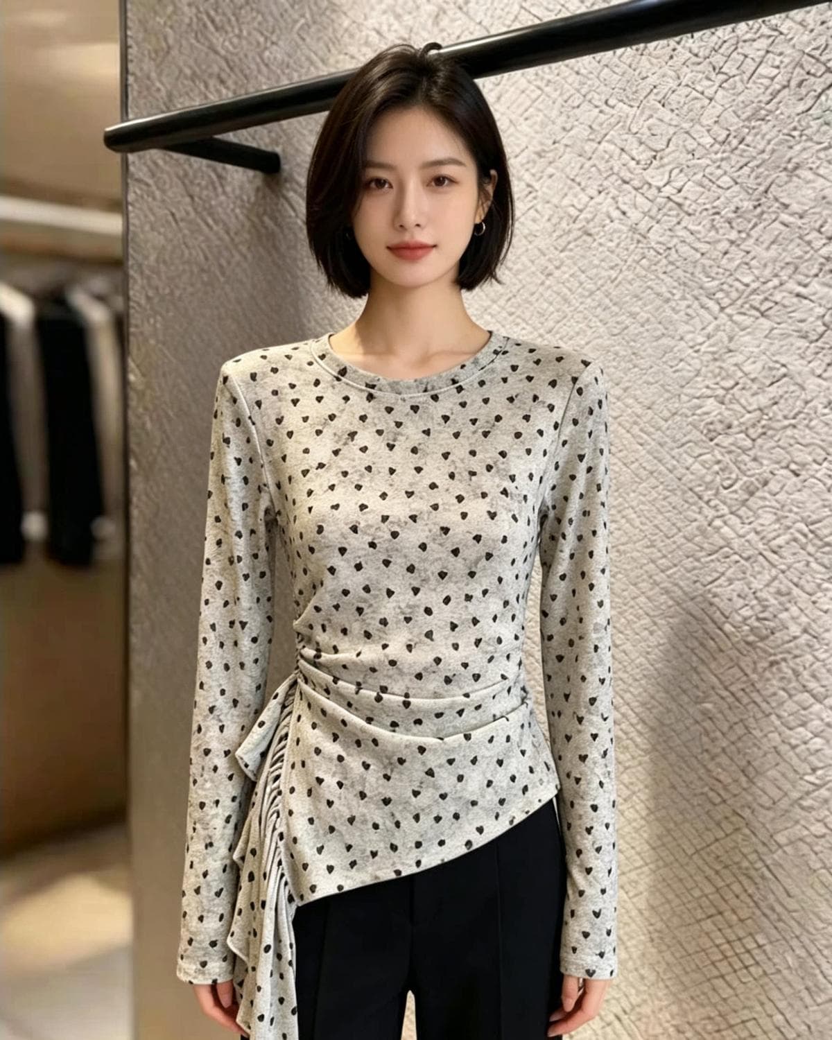 부드러운 바람 레트로 디자인 센스 작은 대중 도트 무늬 긴팔 티셔츠 여성 헤일로 염색 Chic 기본 셔츠 상세 이미지 3