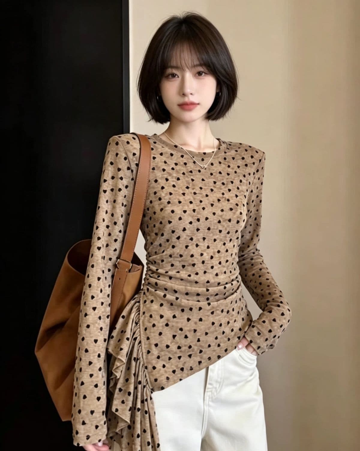 부드러운 바람 레트로 디자인 센스 작은 대중 도트 무늬 긴팔 티셔츠 여성 헤일로 염색 Chic 기본 셔츠 상세 이미지 4