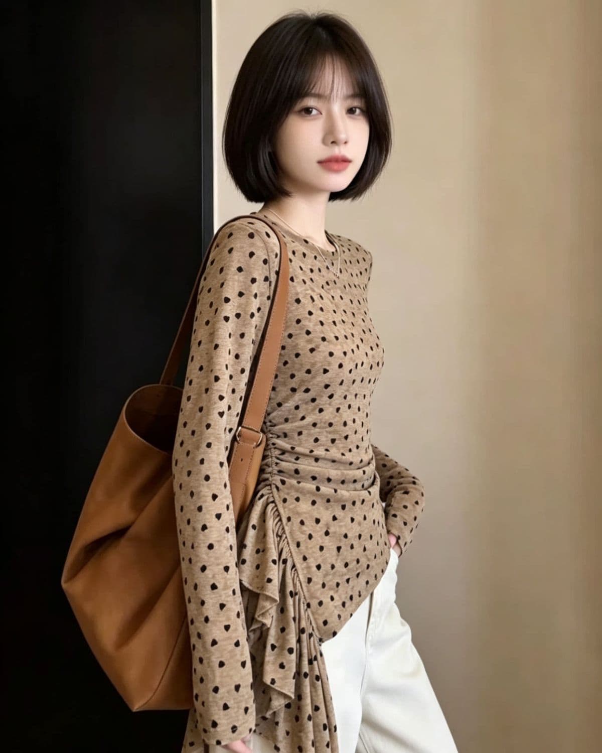 부드러운 바람 레트로 디자인 센스 작은 대중 도트 무늬 긴팔 티셔츠 여성 헤일로 염색 Chic 기본 셔츠 상세 이미지 6