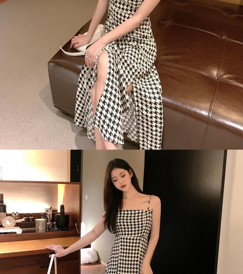 레트로 하운드투스 체크 슬립 여성 드레스 여름 2026 새로운 허리 수축 슬림해 보이는 디자인 센스 작은 대중 트임 치마 상세 이미지 16