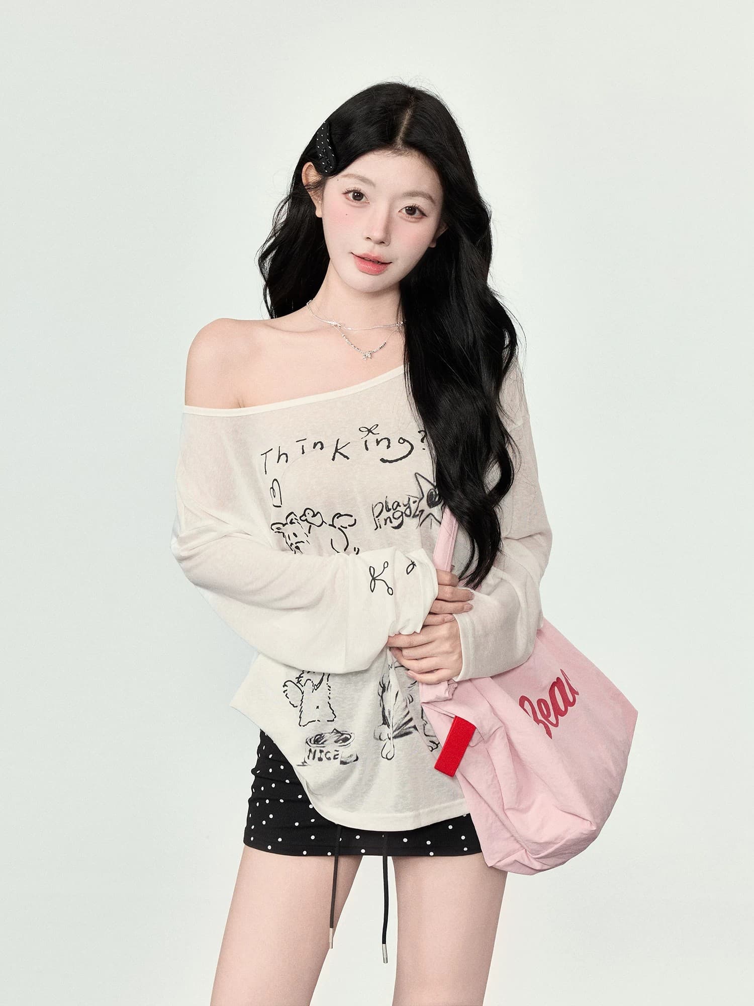 오프숄더 긴팔 자외선 차단 블라우스 티셔츠 오프숄더 작은 외부 가져 가라. 상세 이미지 5