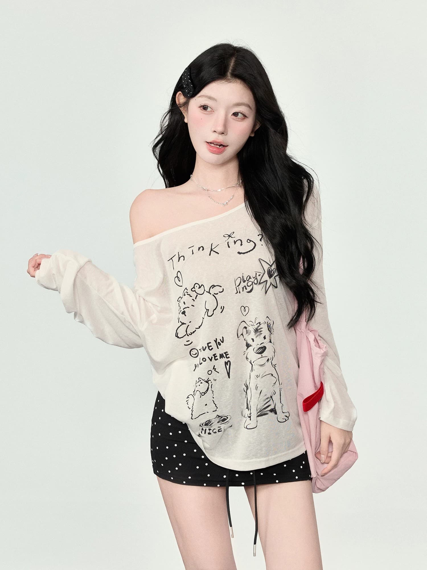 오프숄더 긴팔 자외선 차단 블라우스 티셔츠 오프숄더 작은 외부 가져 가라. 상세 이미지 6