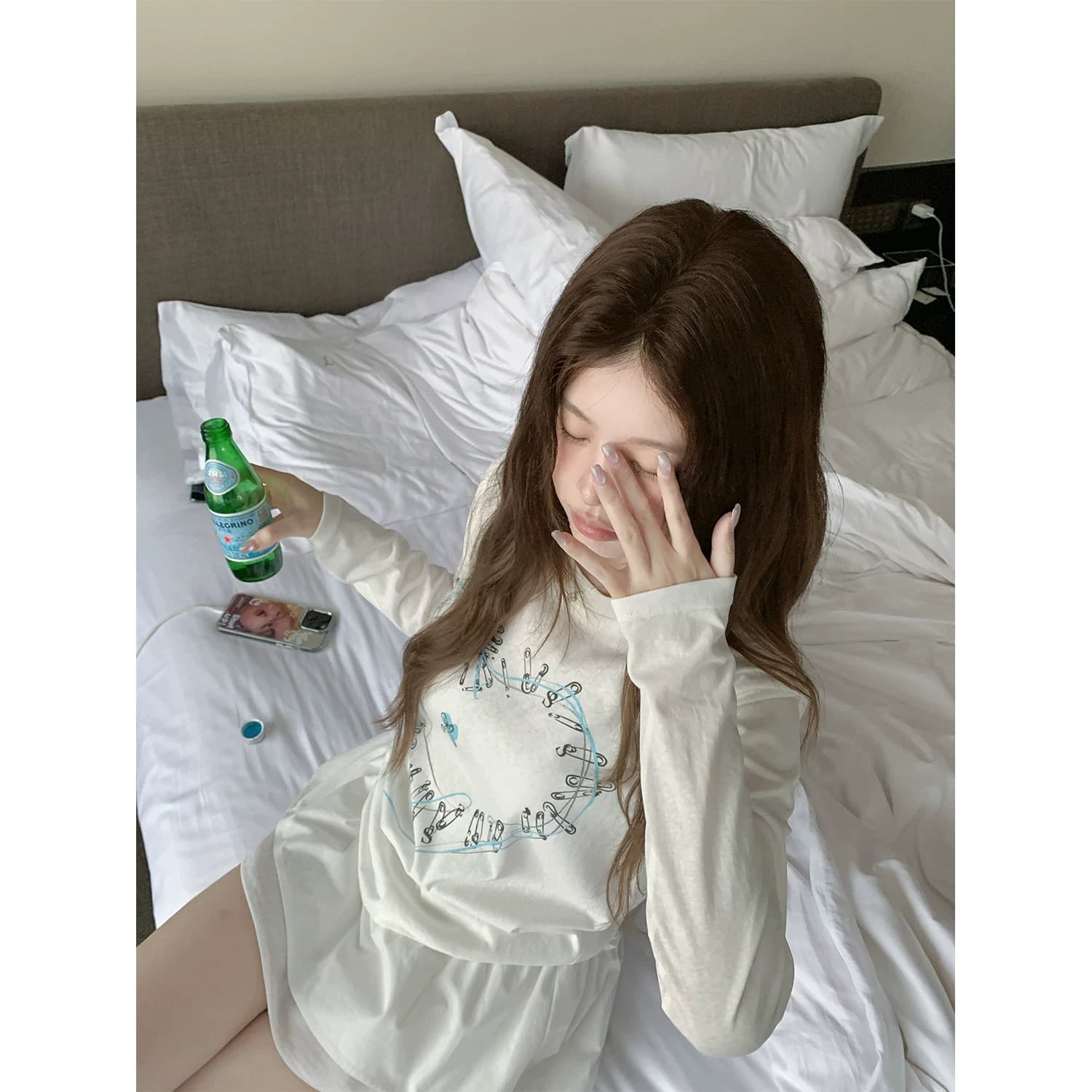 하트 프린트 긴팔 티셔츠 여성 아름다운 쇼트 스타일 작은 맨위