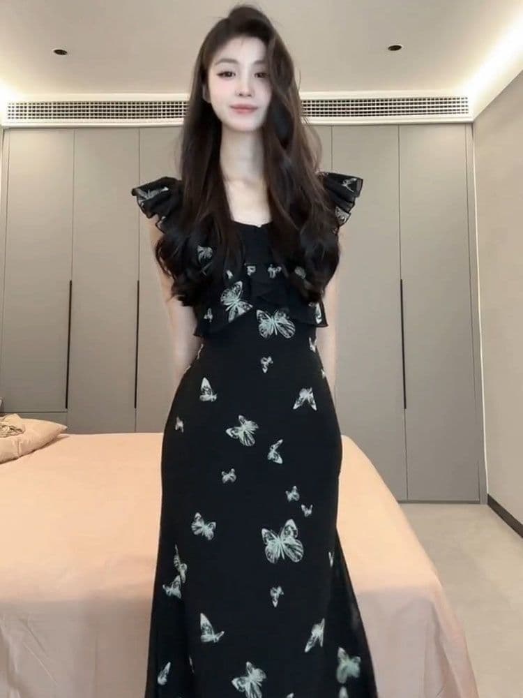 고급 센스 프랑스식 작은 날다 소매 꽃무늬 점프 슈트 치마 여성 의류 2026 새로운 여름 작은 대중 한 부서 검정색 롱 스커트 상세 이미지 3