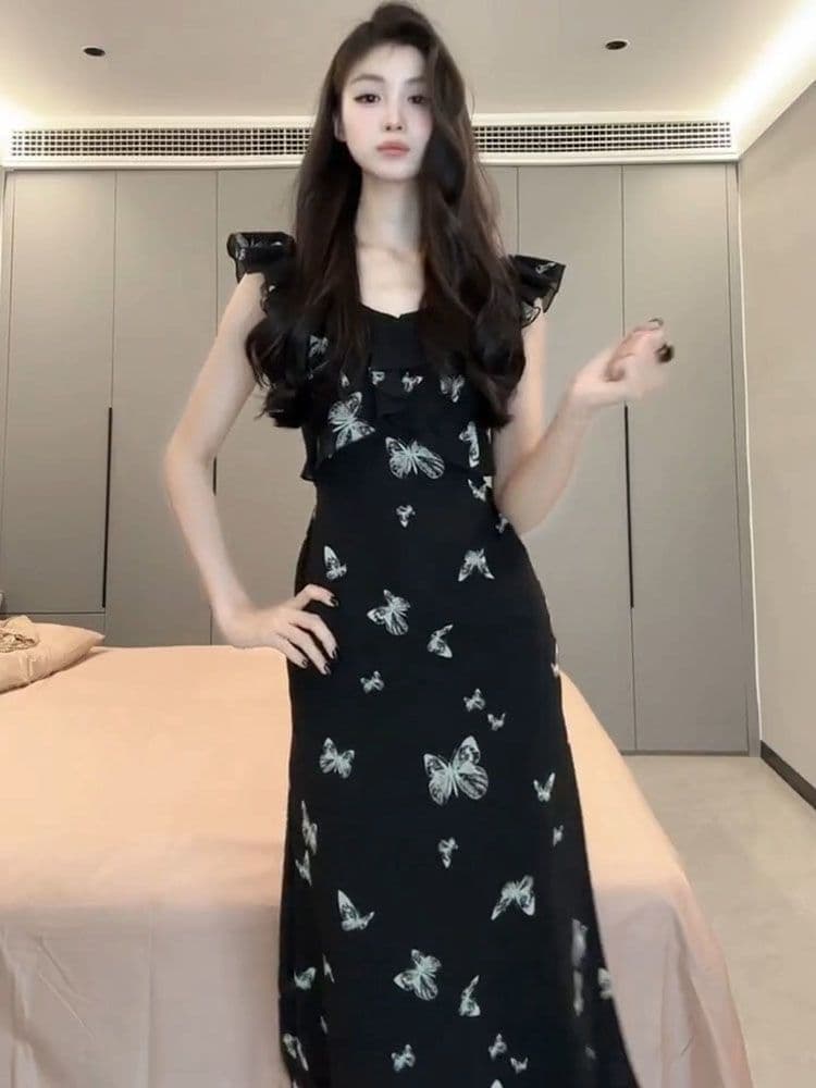 고급 센스 프랑스식 작은 날다 소매 꽃무늬 점프 슈트 치마 여성 의류 2026 새로운 여름 작은 대중 한 부서 검정색 롱 스커트 상세 이미지 5