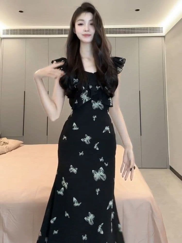 고급 센스 프랑스식 작은 날다 소매 꽃무늬 점프 슈트 치마 여성 의류 2026 새로운 여름 작은 대중 한 부서 검정색 롱 스커트 상세 이미지 7