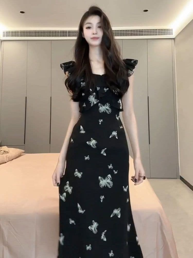 고급 센스 프랑스식 작은 날다 소매 꽃무늬 점프 슈트 치마 여성 의류 2026 새로운 여름 작은 대중 한 부서 검정색 롱 스커트 상세 이미지 11