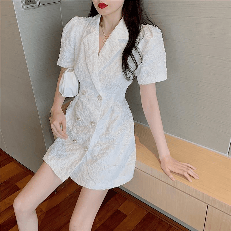 새로운 한국 스타일 거품 소매 허리 수축 슬림해 보이는 이중 버튼 품격 치마 이미지 5
