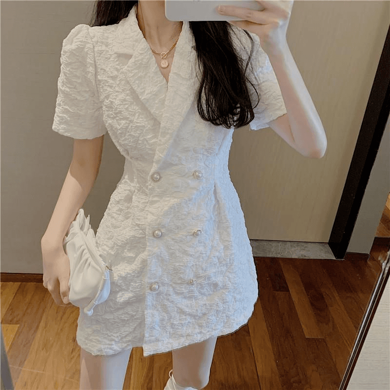 새로운 한국 스타일 거품 소매 허리 수축 슬림해 보이는 이중 버튼 품격 치마 이미지 4