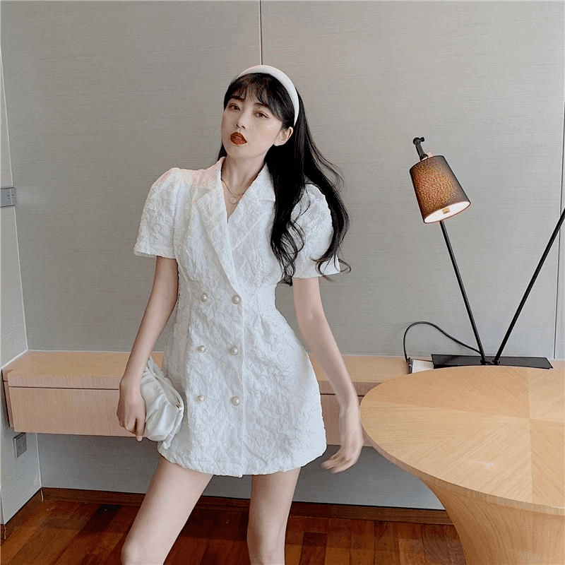 새로운 한국 스타일 거품 소매 허리 수축 슬림해 보이는 이중 버튼 품격 치마 상세 이미지 10