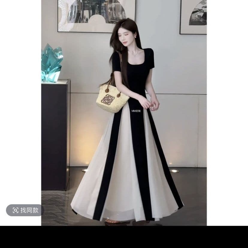 슬림해 보이는 여름 드레스 프랑스식 새로운 패치워크 디자인 여름 센스 싸움 망사 드레스 품격 치마 이미지 3