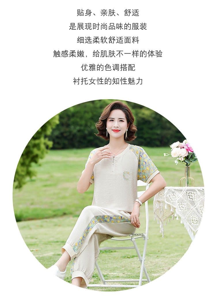 중년 엄마 여름 드레스 운동복 세트 반팔 후드티 중노년 여성 여름 패션 외국 가스 캐주얼 투피스 세트 상세 이미지 4