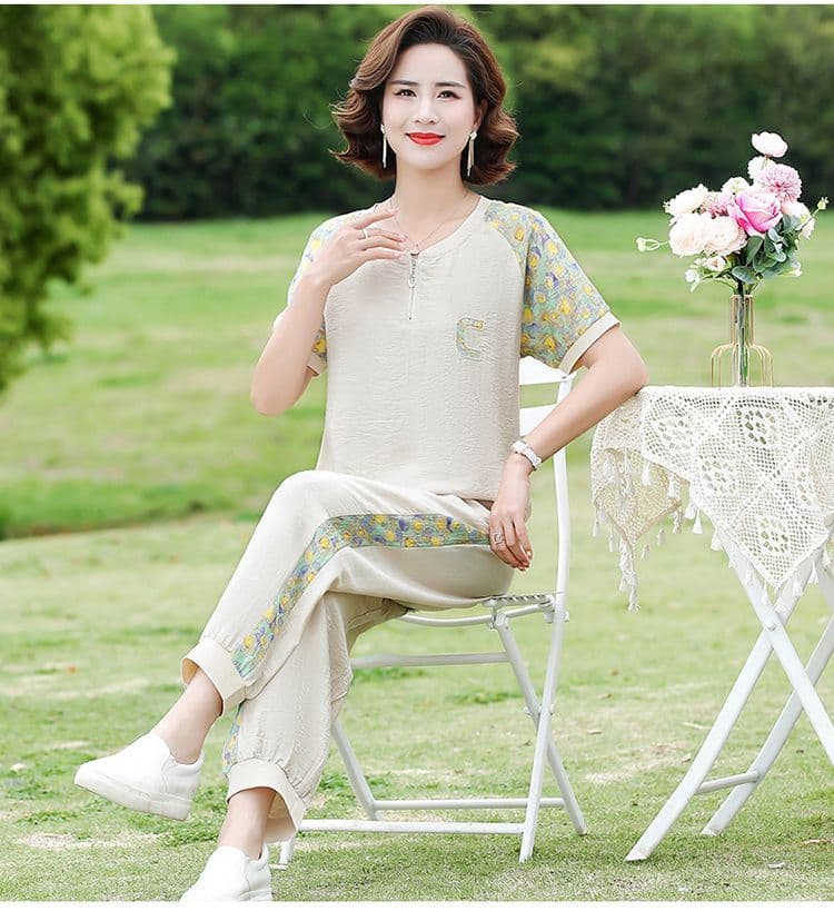 중년 엄마 여름 드레스 운동복 세트 반팔 후드티 중노년 여성 여름 패션 외국 가스 캐주얼 투피스 세트 상세 이미지 17