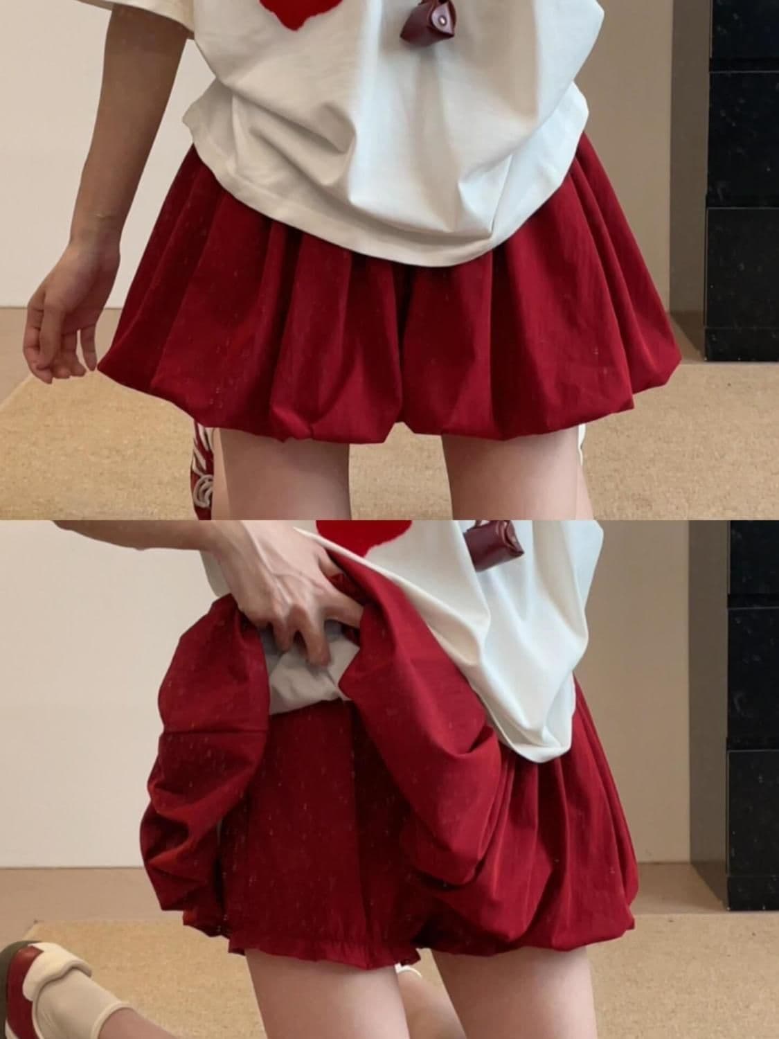 한 부서 달콤함 빨간색 꽃밭 미니 스커트 여성 여름 얇은 스타일 작은 키 하이웨이스트 느긋한 다용도 슬림해 보이는 퍼프 치마바지 상세 이미지 37
