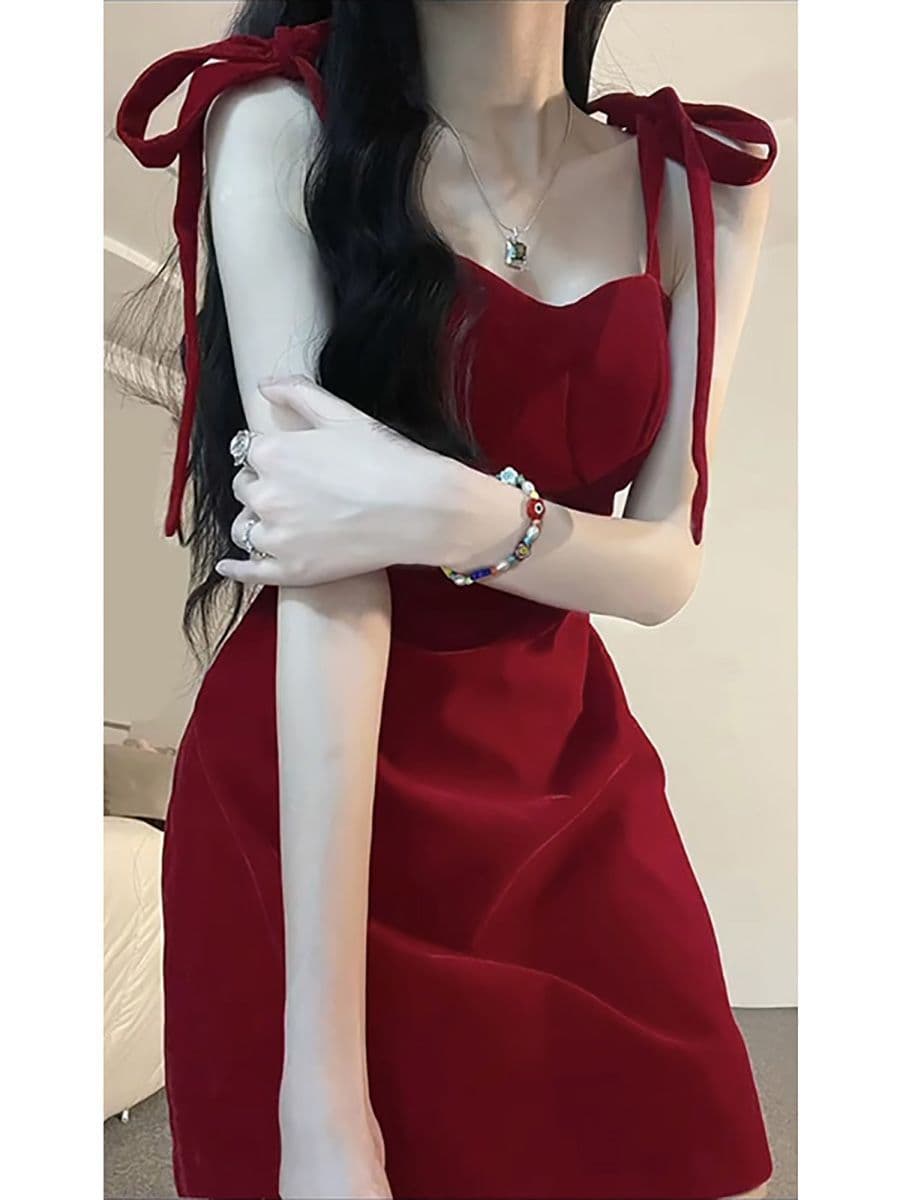 새로운 빨간색 슬립 허리 수축 드레스 프랑스식 몸매 가꾸기 스트랩 디자인 섹시함 핫걸 디스플레이 몸 타이트 스커트 미니 스커트 상세 이미지 3