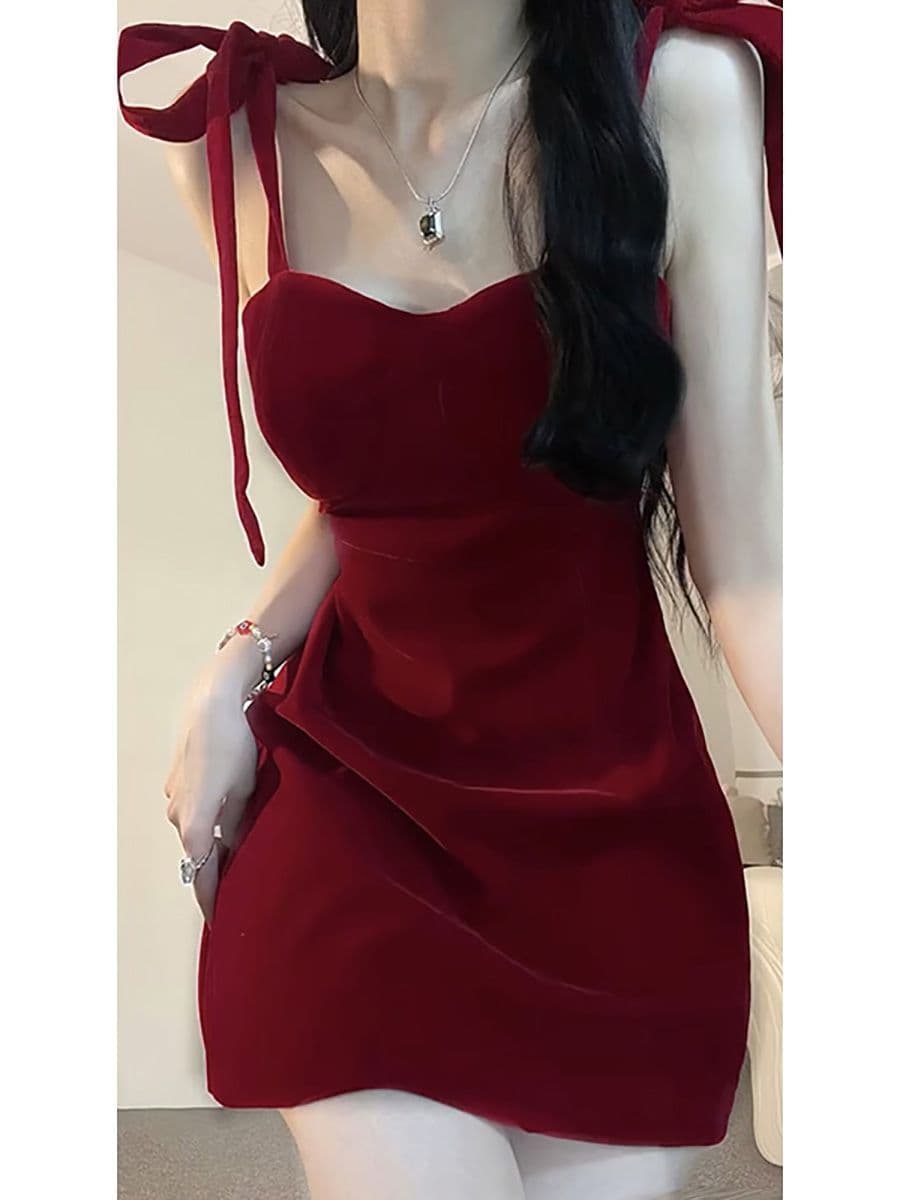 새로운 빨간색 슬립 허리 수축 드레스 프랑스식 몸매 가꾸기 스트랩 디자인 섹시함 핫걸 디스플레이 몸 타이트 스커트 미니 스커트 상세 이미지 6