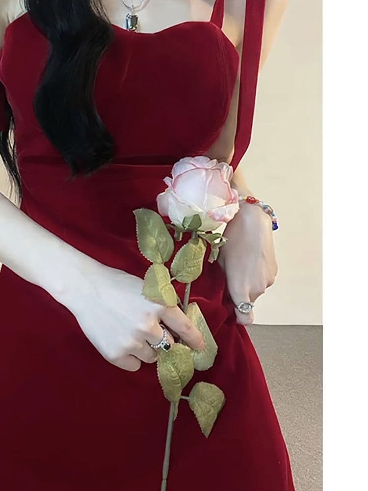 새로운 빨간색 슬립 허리 수축 드레스 프랑스식 몸매 가꾸기 스트랩 디자인 섹시함 핫걸 디스플레이 몸 타이트 스커트 미니 스커트 상세 이미지 7