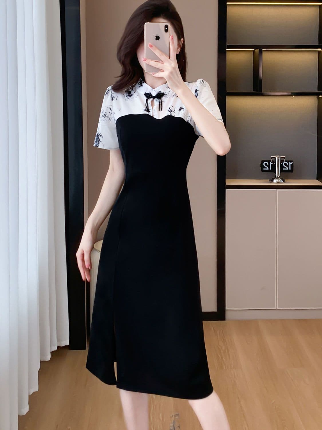 새로운 중식 국풍 치파오 작은 키 단추 드레스 2025 여름 새로운 패치워크 품격 표지 고기 반팔 치마 상세 이미지 2