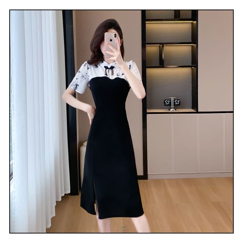 새로운 중식 국풍 치파오 작은 키 단추 드레스 2025 여름 새로운 패치워크 품격 표지 고기 반팔 치마 상세 이미지 4