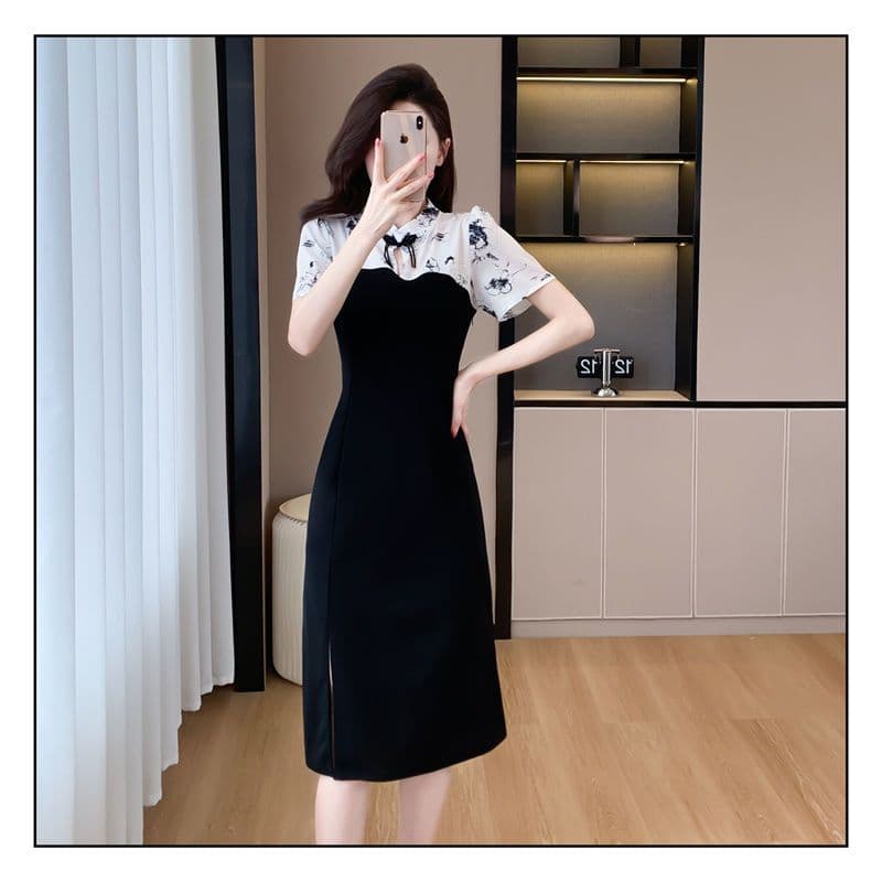 새로운 중식 국풍 치파오 작은 키 단추 드레스 2025 여름 새로운 패치워크 품격 표지 고기 반팔 치마 상세 이미지 7