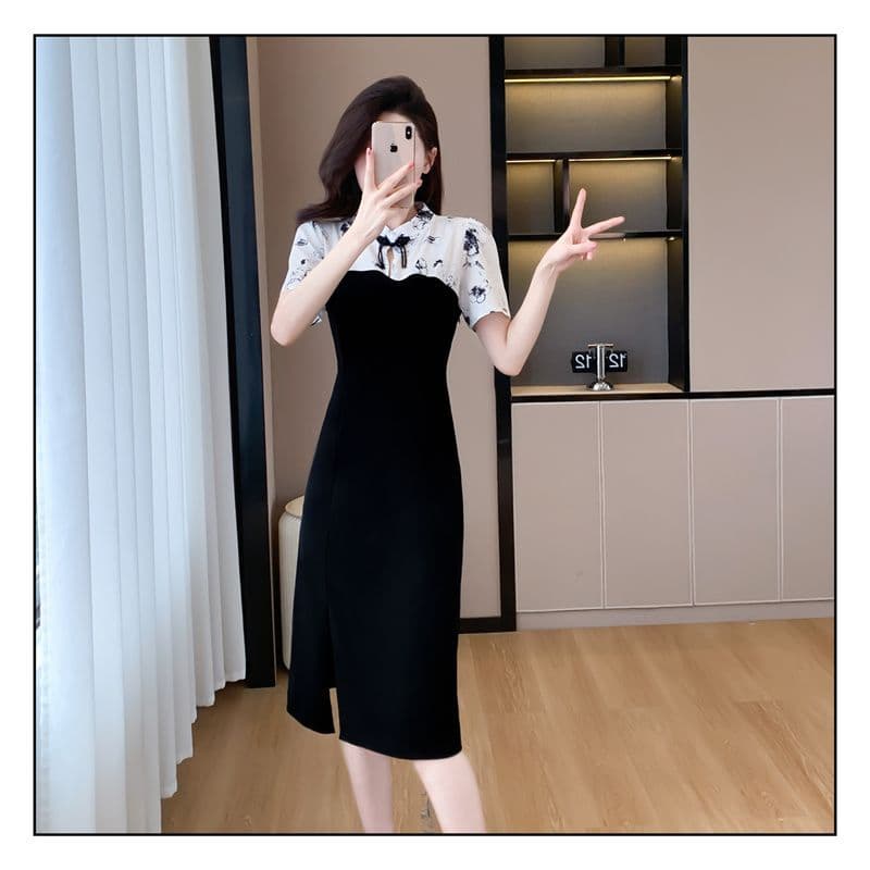 새로운 중식 국풍 치파오 작은 키 단추 드레스 2025 여름 새로운 패치워크 품격 표지 고기 반팔 치마 상세 이미지 8
