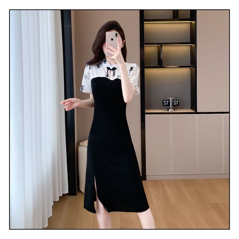 새로운 중식 국풍 치파오 작은 키 단추 드레스 2025 여름 새로운 패치워크 품격 표지 고기 반팔 치마 상세 이미지 9