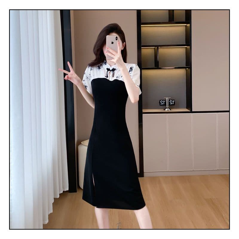 새로운 중식 국풍 치파오 작은 키 단추 드레스 2025 여름 새로운 패치워크 품격 표지 고기 반팔 치마 상세 이미지 10