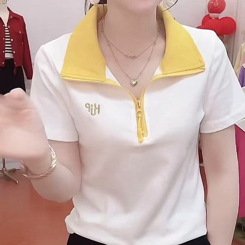 40 92 면 스탠드 칼라 POLO 셔츠 반팔 여성 여름 새로운 작은 키 루즈핏 슬림해 보이는 패션 캐주얼 다용도 상세 이미지 3