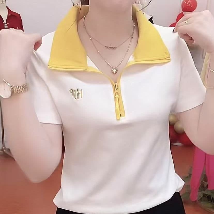 40 92 면 스탠드 칼라 POLO 셔츠 반팔 여성 여름 새로운 작은 키 루즈핏 슬림해 보이는 패션 캐주얼 다용도 상세 이미지 5