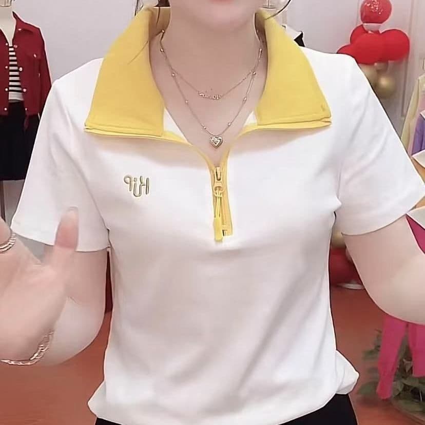 40 92 면 스탠드 칼라 POLO 셔츠 반팔 여성 여름 새로운 작은 키 루즈핏 슬림해 보이는 패션 캐주얼 다용도 상세 이미지 12
