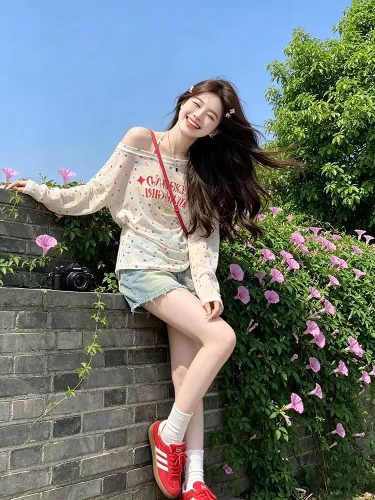 자외선 차단 의류 색상 도트 무늬 긴팔 블라우스 티셔츠 블라우스 맨위 긴팔 상세 이미지 2