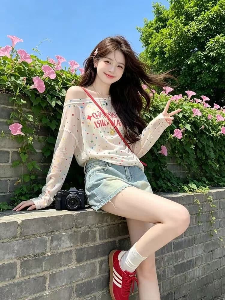자외선 차단 의류 색상 도트 무늬 긴팔 블라우스 티셔츠 블라우스 맨위 긴팔 상세 이미지 3