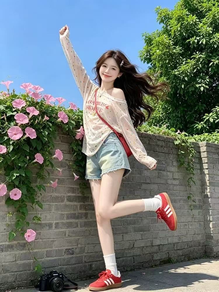 자외선 차단 의류 색상 도트 무늬 긴팔 블라우스 티셔츠 블라우스 맨위 긴팔 상세 이미지 4