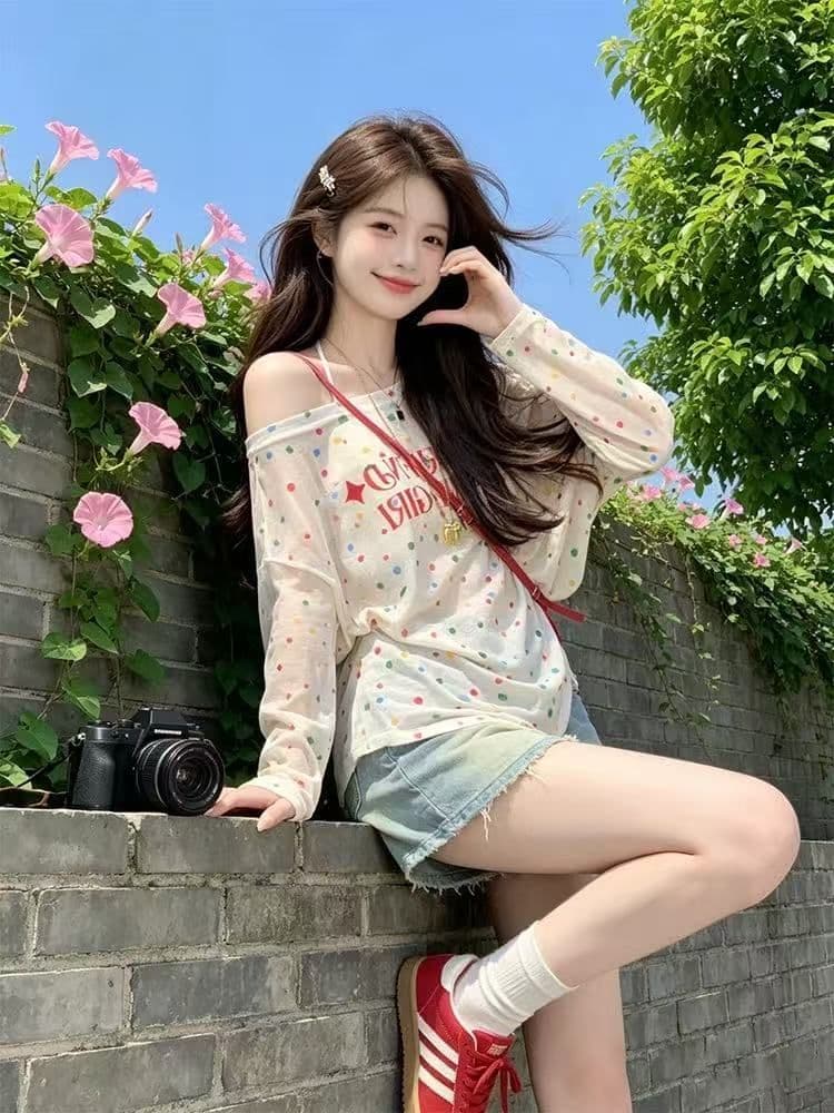 자외선 차단 의류 색상 도트 무늬 긴팔 블라우스 티셔츠 블라우스 맨위 긴팔 상세 이미지 5