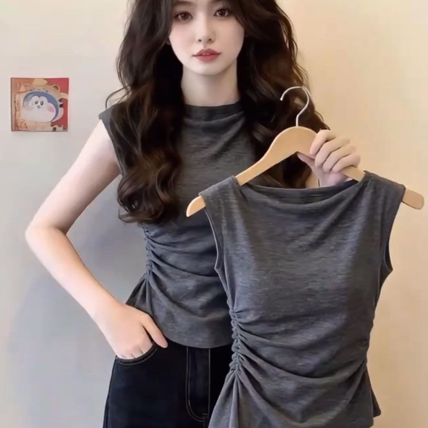 사람들 면 1 1 와 사고 방식 260g 빅 사이즈 작은 날다 소매 티셔츠 여성 여름 2026 새로운 주름 몸매 가꾸기 연령 감소 맨위 이미지 2