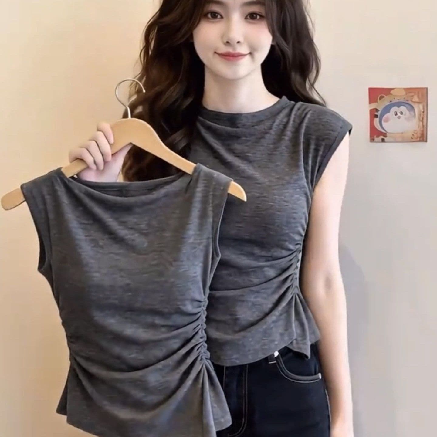 사람들 면 1 1 와 사고 방식 260g 빅 사이즈 작은 날다 소매 티셔츠 여성 여름 2026 새로운 주름 몸매 가꾸기 연령 감소 맨위 이미지 4