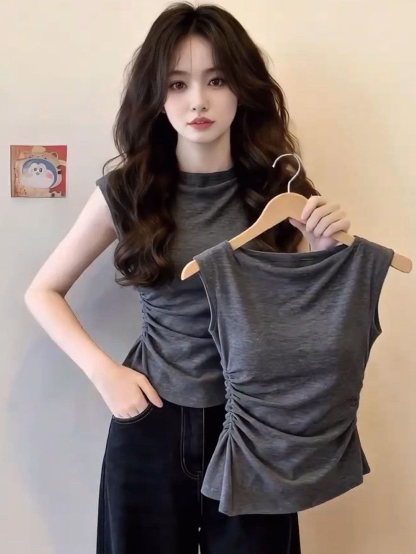 사람들 면 1 1 와 사고 방식 260g 빅 사이즈 작은 날다 소매 티셔츠 여성 여름 2026 새로운 주름 몸매 가꾸기 연령 감소 맨위 상세 이미지 3