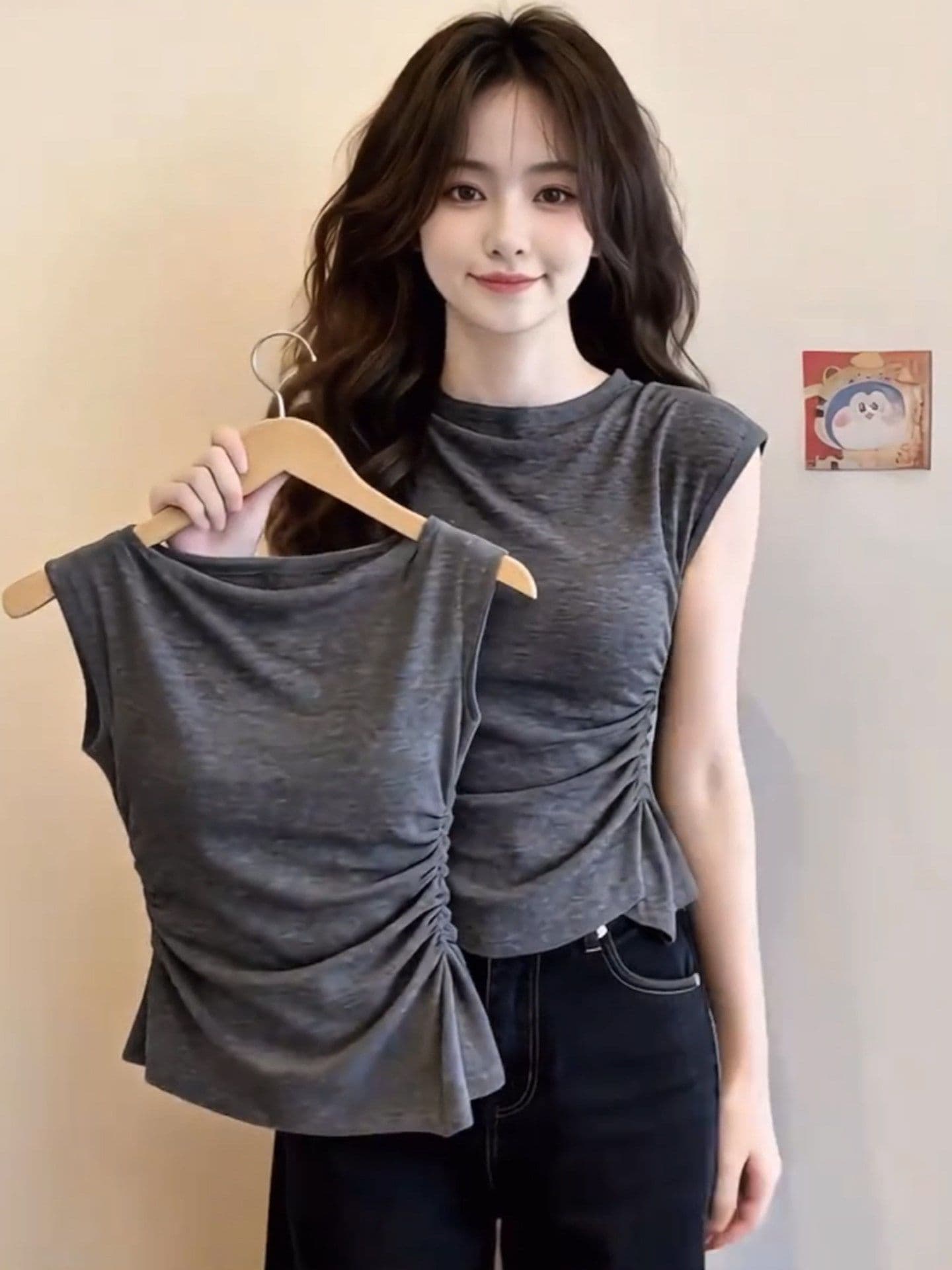 사람들 면 1 1 와 사고 방식 260g 빅 사이즈 작은 날다 소매 티셔츠 여성 여름 2026 새로운 주름 몸매 가꾸기 연령 감소 맨위 상세 이미지 6