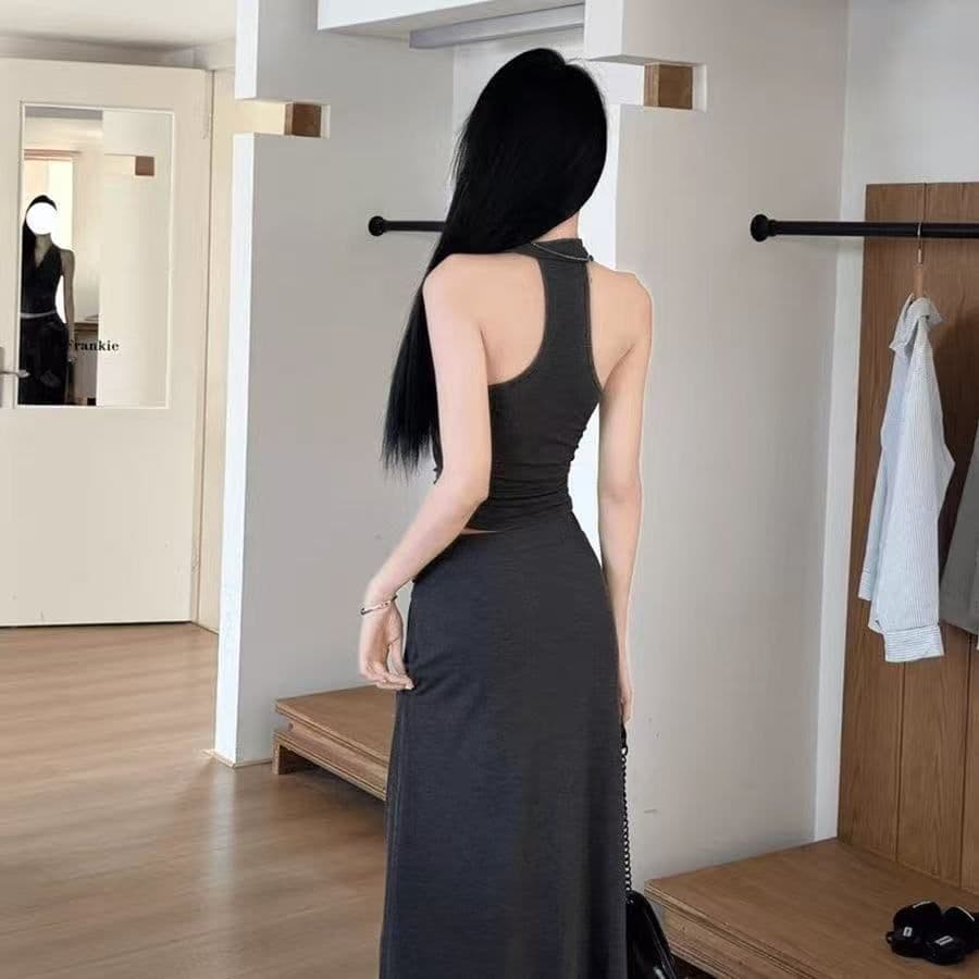 한 부서 여름 비틀림 주름 레트로 맨위 조끼 패치워크 세트 민소매 반신 스커트 큰 진자 상세 이미지 3