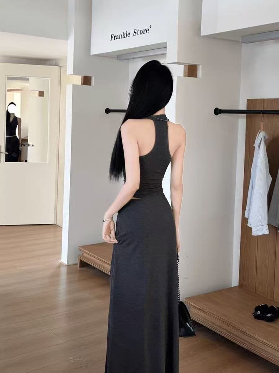 한 부서 여름 비틀림 주름 레트로 맨위 조끼 패치워크 세트 민소매 반신 스커트 큰 진자 상세 이미지 8