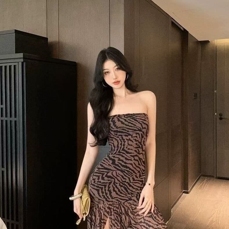 유럽과 미국 섹시함 핫걸 튜브탑 레오파드 무늬 여름 프린트 패치워크 트임 허리 수축 타이트 패키지 팔 치마 이미지 4