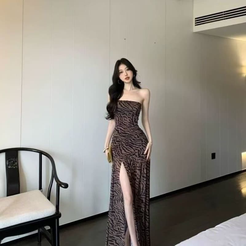 유럽과 미국 섹시함 핫걸 튜브탑 레오파드 무늬 여름 프린트 패치워크 트임 허리 수축 타이트 패키지 팔 치마 이미지 5