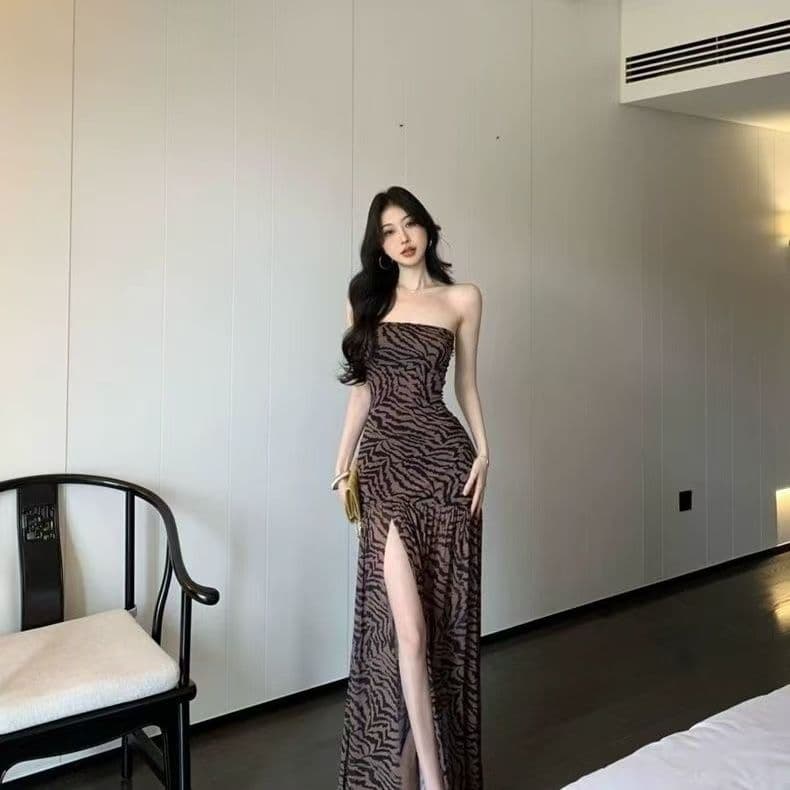 유럽과 미국 섹시함 핫걸 튜브탑 레오파드 무늬 여름 프린트 패치워크 트임 허리 수축 타이트 패키지 팔 치마 상세 이미지 1