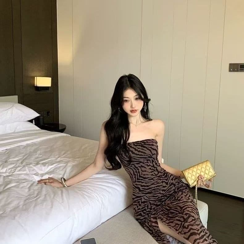 유럽과 미국 섹시함 핫걸 튜브탑 레오파드 무늬 여름 프린트 패치워크 트임 허리 수축 타이트 패키지 팔 치마 상세 이미지 4