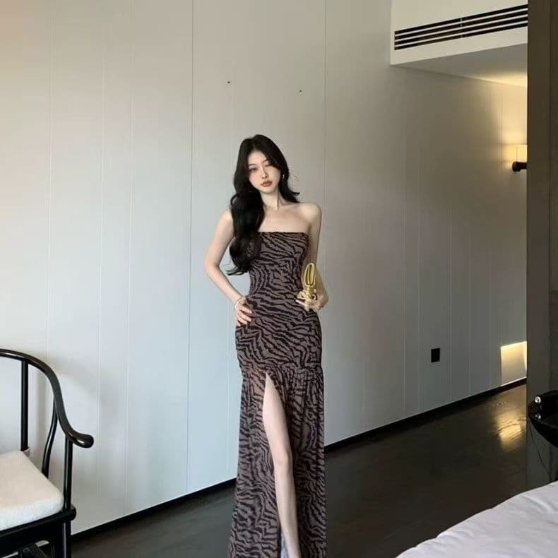 유럽과 미국 섹시함 핫걸 튜브탑 레오파드 무늬 여름 프린트 패치워크 트임 허리 수축 타이트 패키지 팔 치마 상세 이미지 5