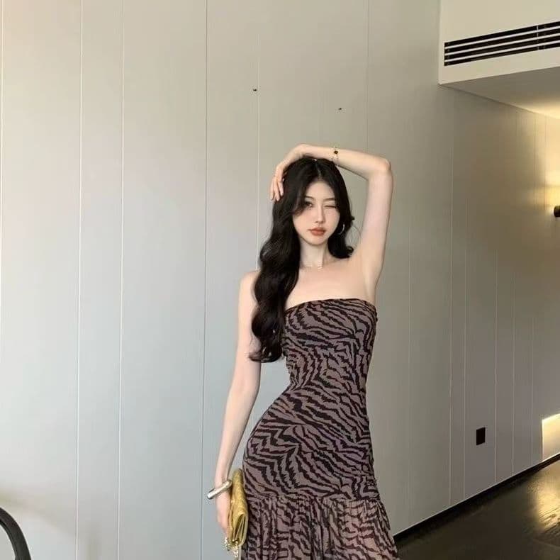 유럽과 미국 섹시함 핫걸 튜브탑 레오파드 무늬 여름 프린트 패치워크 트임 허리 수축 타이트 패키지 팔 치마 상세 이미지 6