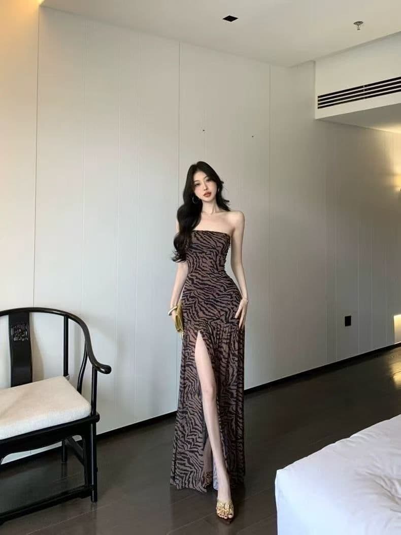 유럽과 미국 섹시함 핫걸 튜브탑 레오파드 무늬 여름 프린트 패치워크 트임 허리 수축 타이트 패키지 팔 치마 상세 이미지 8