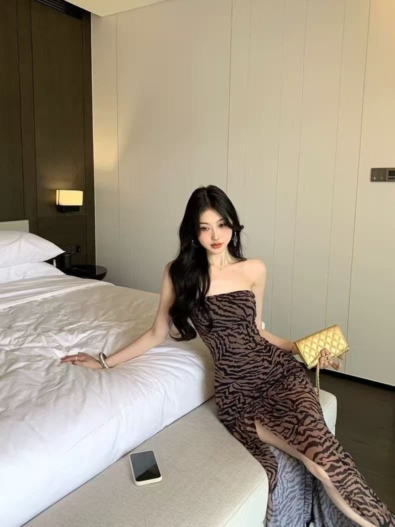 유럽과 미국 섹시함 핫걸 튜브탑 레오파드 무늬 여름 프린트 패치워크 트임 허리 수축 타이트 패키지 팔 치마 상세 이미지 9