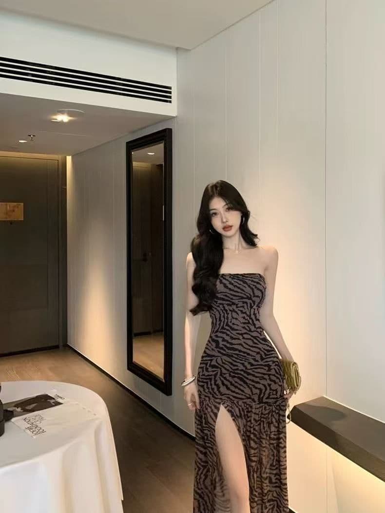 유럽과 미국 섹시함 핫걸 튜브탑 레오파드 무늬 여름 프린트 패치워크 트임 허리 수축 타이트 패키지 팔 치마 상세 이미지 13